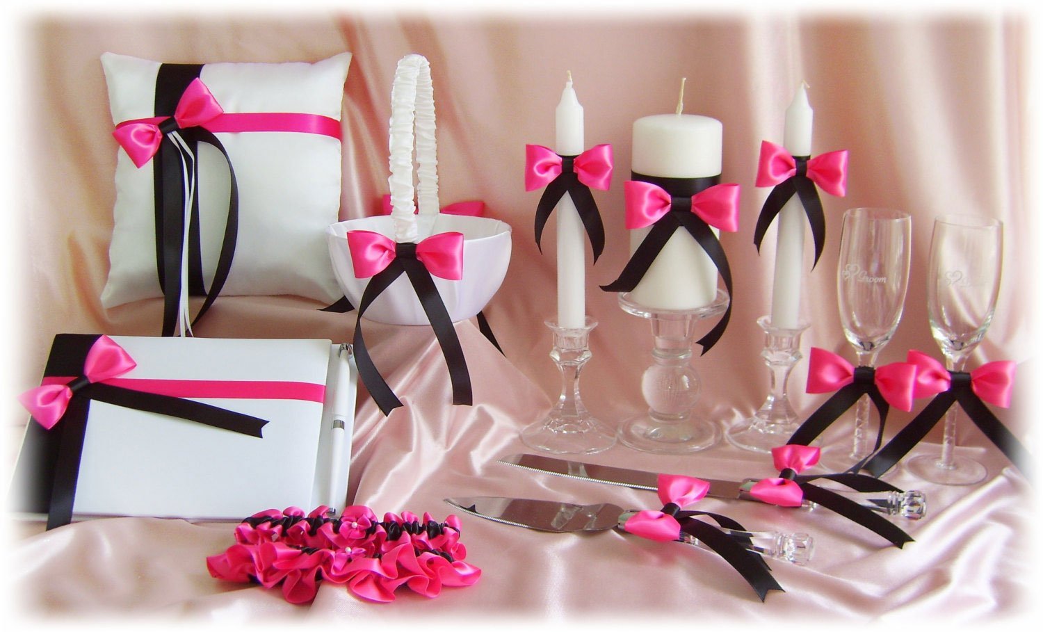 accessoire ceremonie mariage, bougies mariage, accessoire bougies mariage, ruban en satin noir, ruban en satin fushia